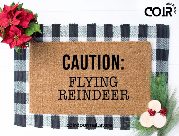 Caution Flying Reindeer, Doormat, Welcome Mat, Front Porch Decor, Christmas decor, Holiday decor, Christmas doormat,Holiday Doormat,Under 50