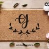 Custom Initials Doormat / Cursive Calligraphy / Nature Custom Coir Door Mat / Leaf Border / Wedding Gift/ Custom Doormat