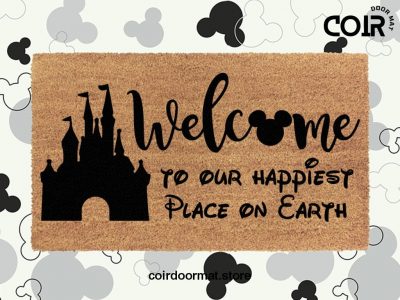 Disney Castle Welcome Doormat - Happiest Place On Earth - Disney Castle - Mickey Head - Disney Inspired Font - Cute Disney Lover Gifts