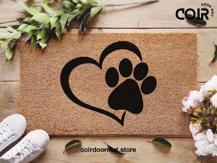 Interlocking Heart And Paw Welcome Mat - Dog Lover Doormat - Cat Lover Doormat - Coconut Coir Mat - Home Decor