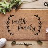 Leaf Border Family Name Door Mat - Personalized Doormat - Customized Welcome Mat - Floral - Housewarming Gift