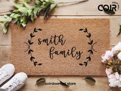 Leaf Border Family Name Door Mat - Personalized Doormat - Customized Welcome Mat - Floral - Housewarming Gift