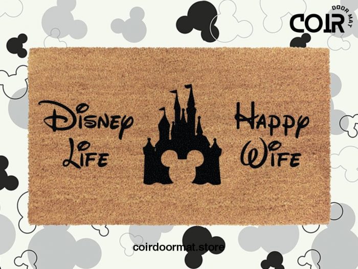 Mickey Head Castle - Disney Life Happy Wife Doormat - Disney Castle - Coconut Coir Welcome Mat - Disney Lover Gift